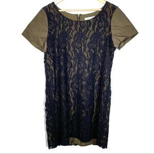 French Connection olive green and black lace knee length shift dress size 16